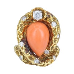 Vintage French 18k Gold Diamond Coral Cobra Snake Ring