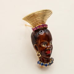 Vintage French 18K Gold Enamel Sapphire Ruby Blackamoor Figural Brooch
