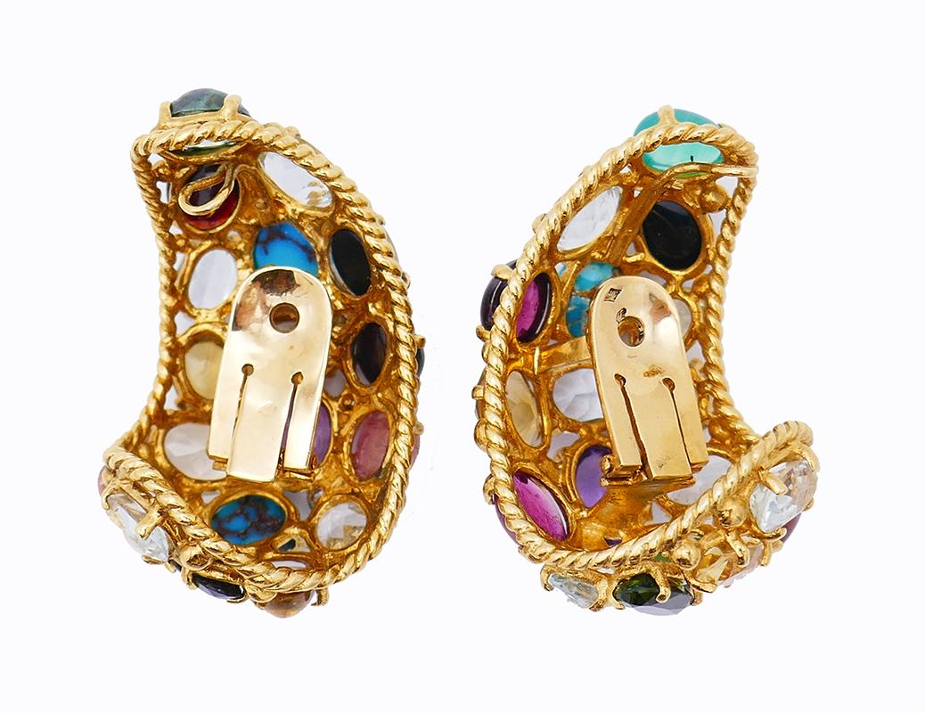 Vintage French 18k Gold Gemstones Earrings Signed MBM In Good Condition For Sale In Beverly Hills, CA