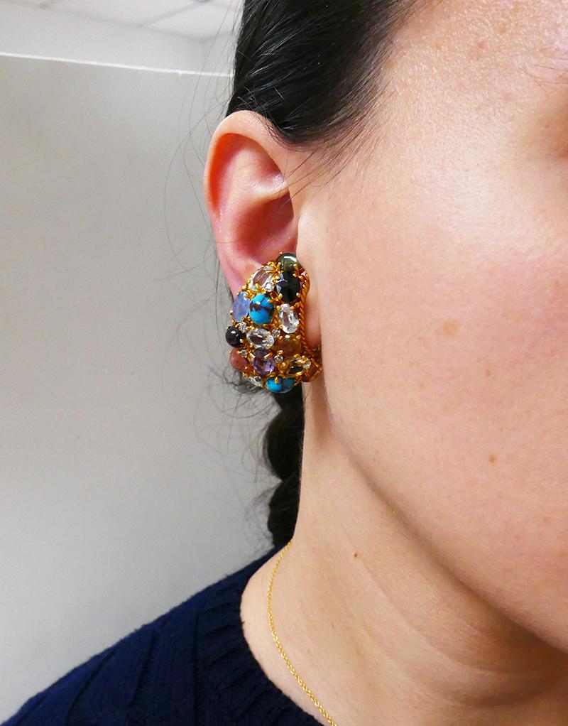 Women's or Men's Vintage French 18k Gold Gemstones Earrings Signed MBM For Sale