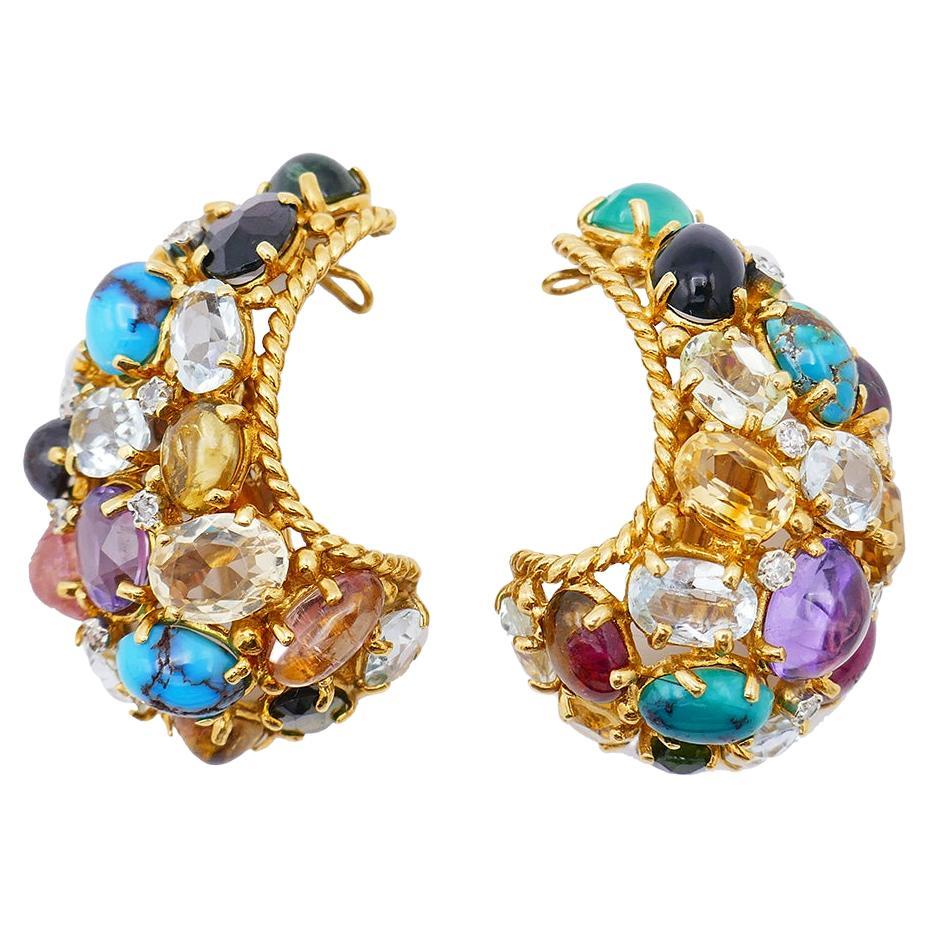 Boucles d'oreilles vintage françaises en or 18 carats et pierres précieuses signées MBM