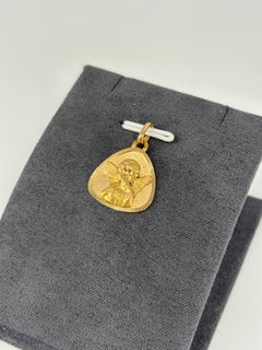Vintage French 18K Gold Guardian Angel Shield Medal Pendant 1966
