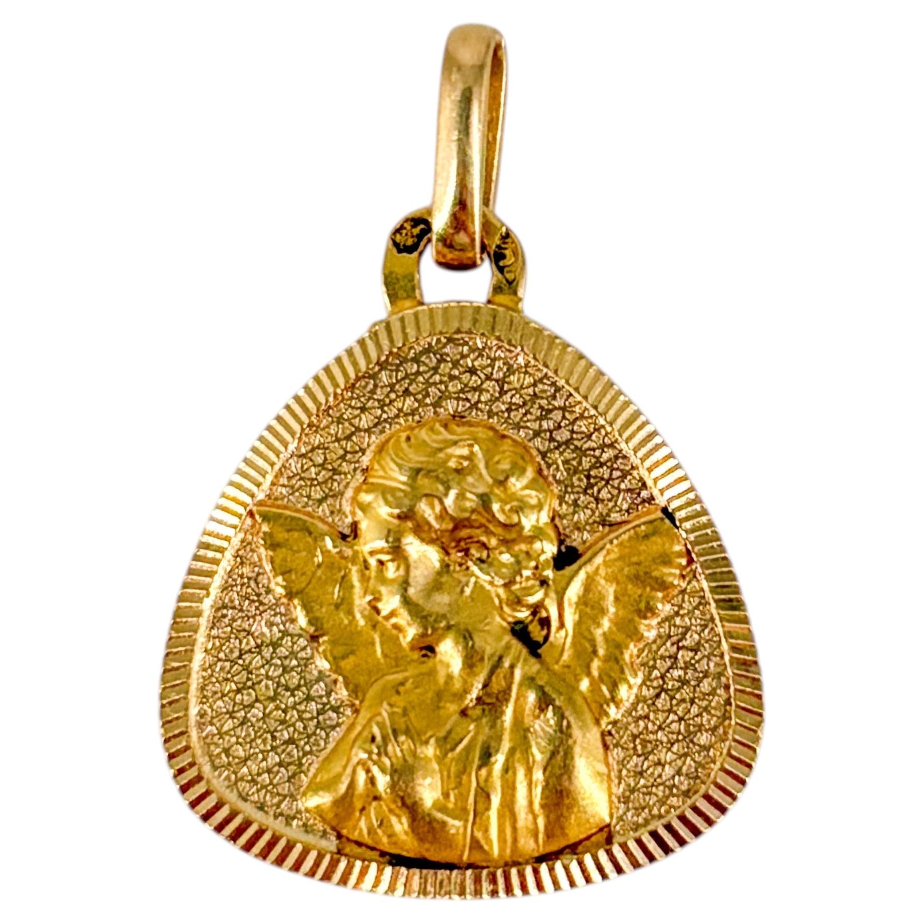 Vintage French 18K Gold Guardian Angel Shield Medal Pendant 1966