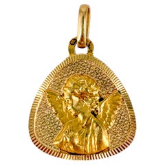 Vintage French 18K Gold Guardian Angel Shield Medal Pendant 1966