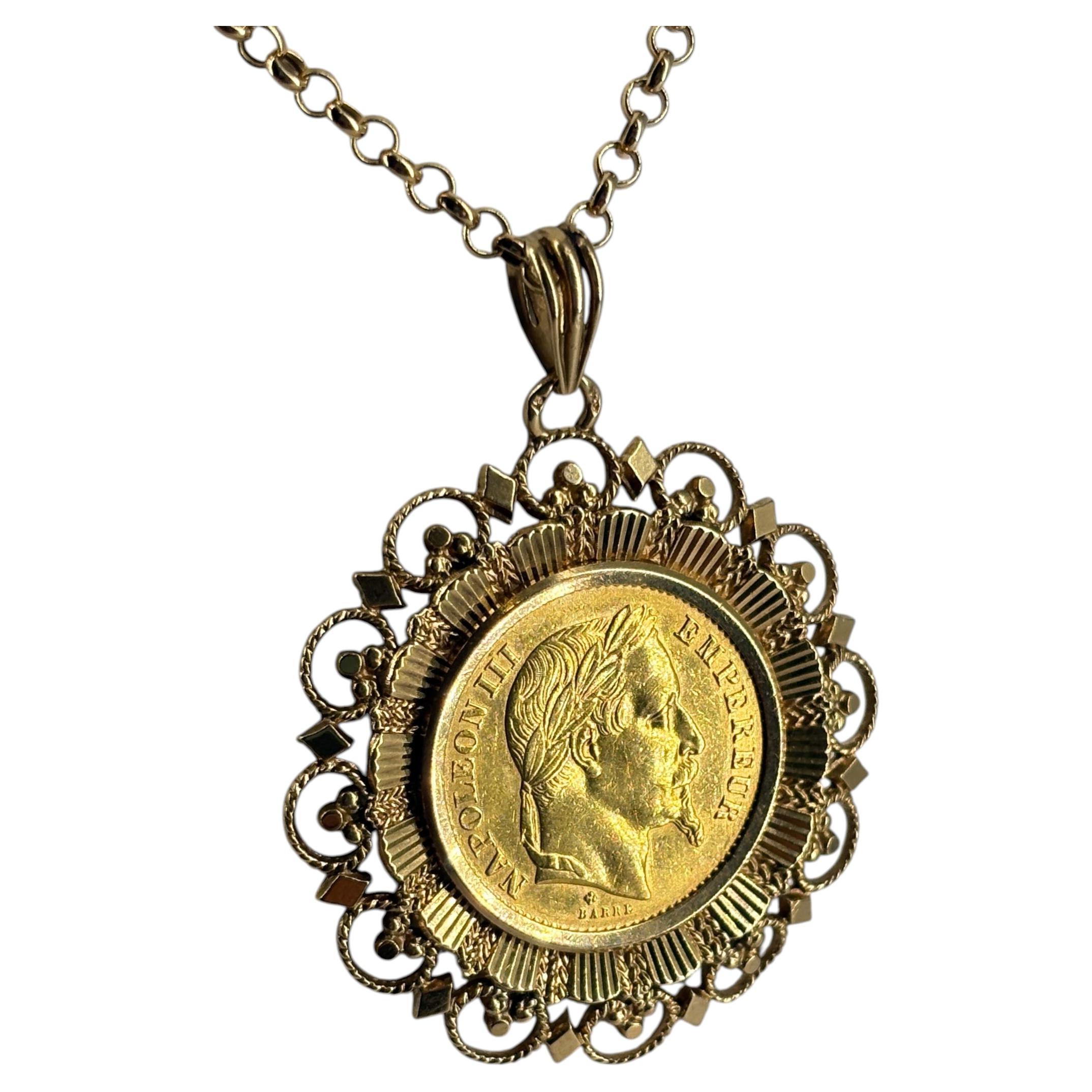 Vintage French 18K Gold Mounted 1869 Napoleon III 20 Francs Coin Pendant