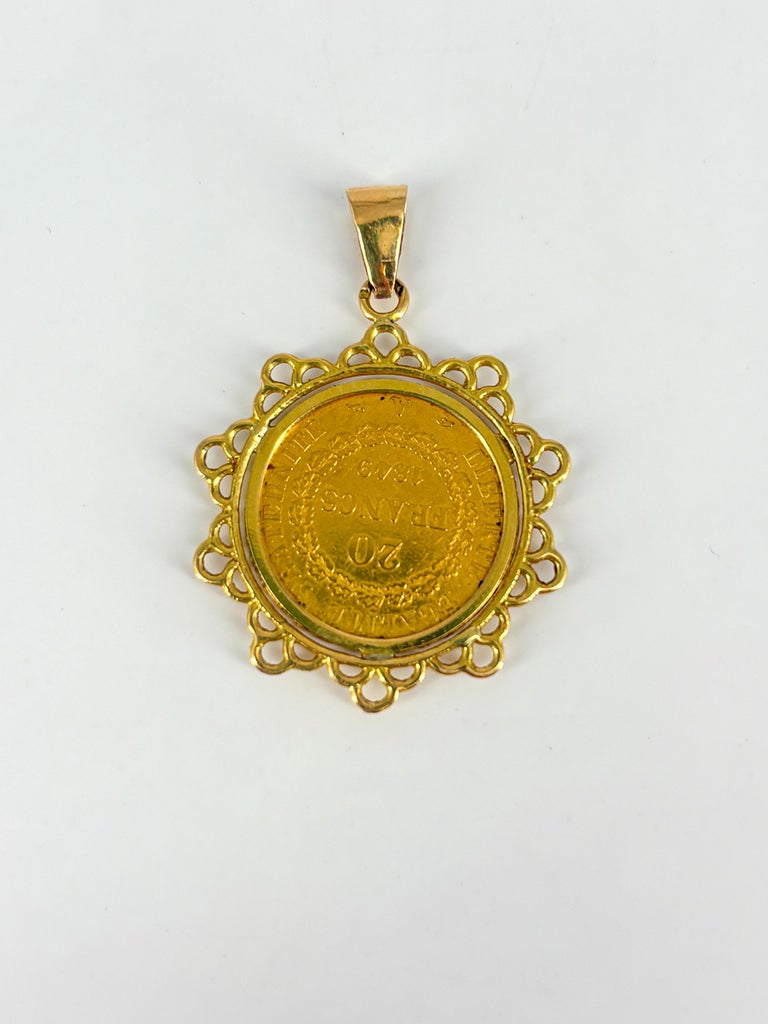 希少品 1920年代 フランス 彫金プレス金型 アクエリアス 古道具坂田 Vintage French 18K Gold Mounted 1889 20 Francs Genie Coin Pendant