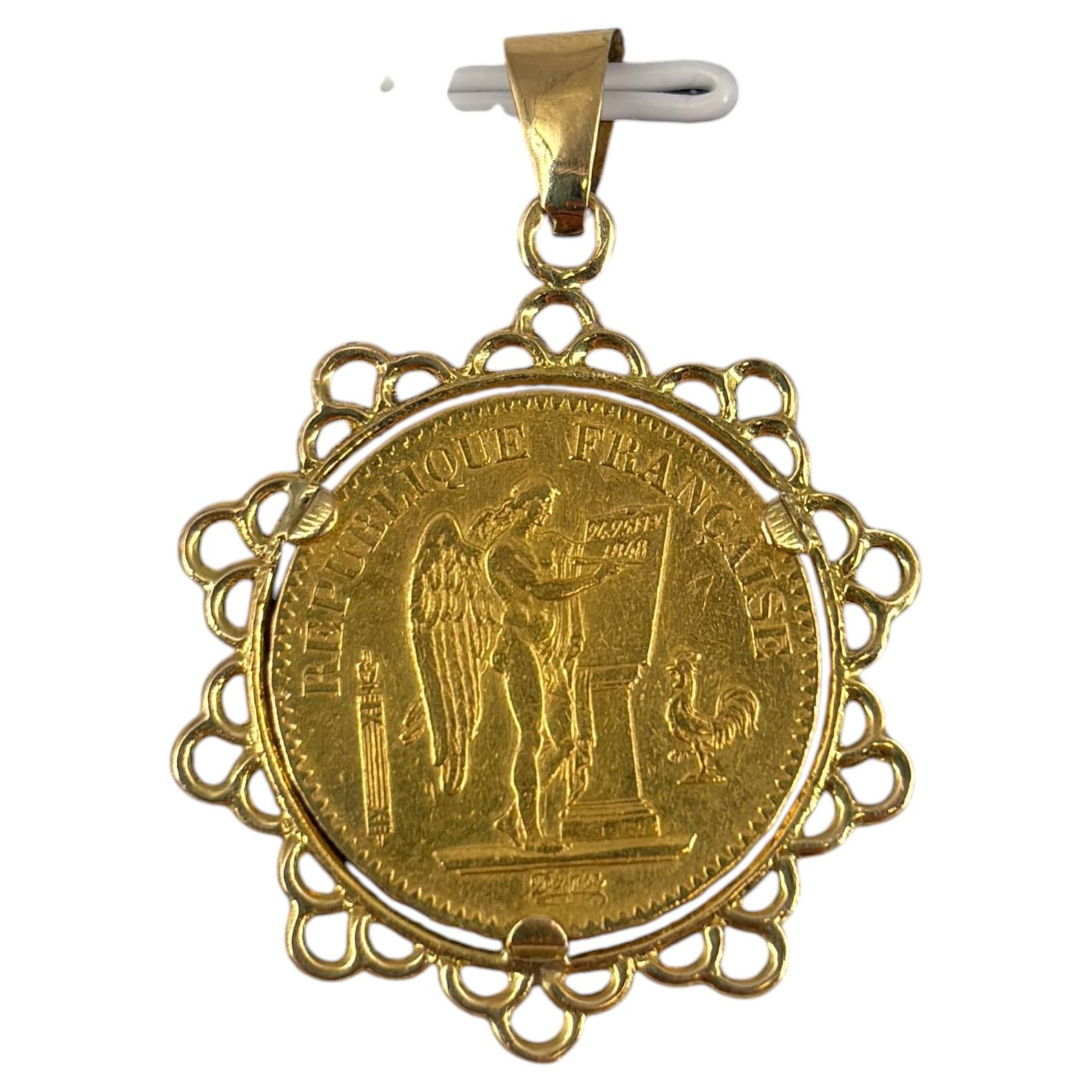 Vintage French 18K Gold Mounted 1889 20 Francs Genie Coin Pendant