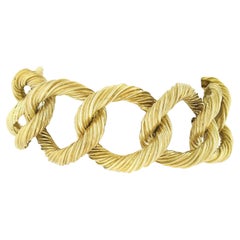 Vintage French 18k Gold Textured Wide Grooved Large Open Link Statement Bracelet