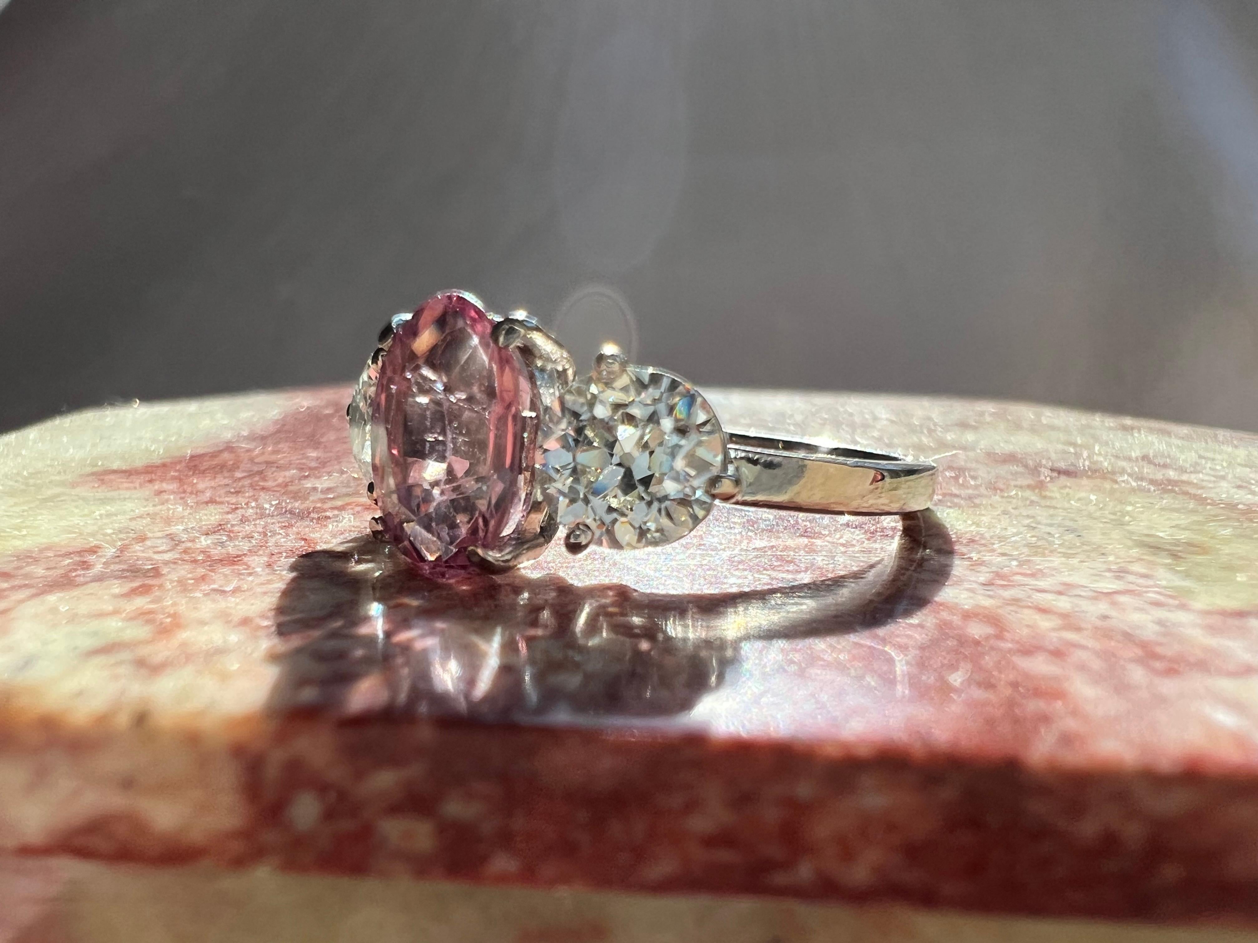 Modern Vintage French 18k Gold Tourmaline & OEC Diamond Ring For Sale