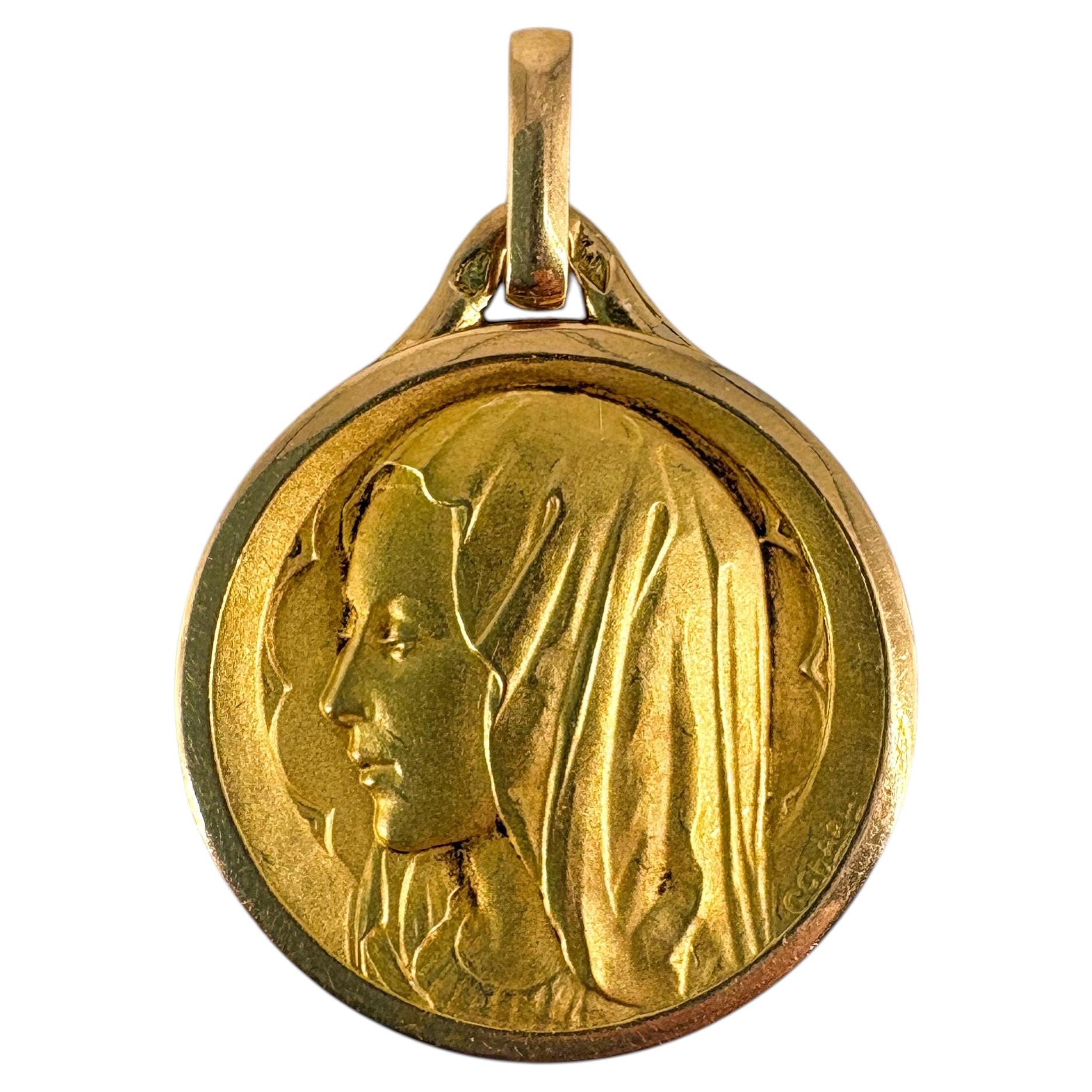 Vintage French 18K Gold Virgin Mary Medal Pendant Signed C. Charles