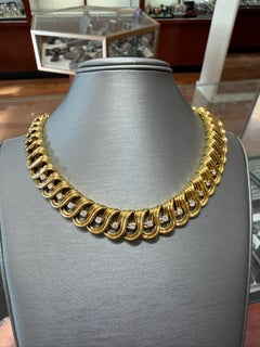 Vintage French 18K Heavy Solid Gold Collar Necklace Mid-Century Wave Link Design