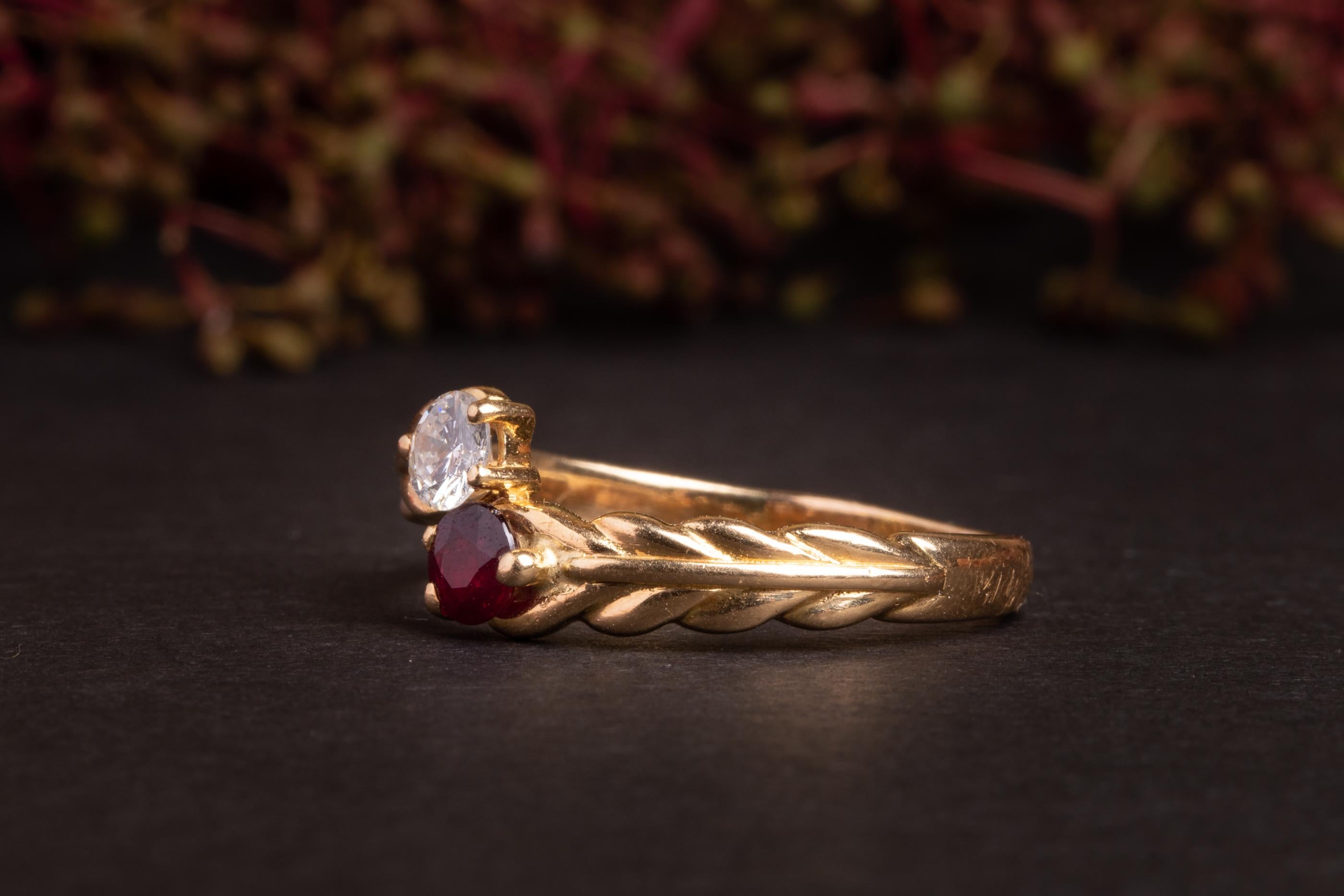 Artisan Vintage French 18K Ruby and Diamond Toi et Moi Ring For Sale