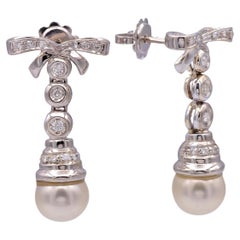 Französische 18 Karat Weißgold Zuchtperlen- und Diamant-Ohrringe im Vintage-Stil