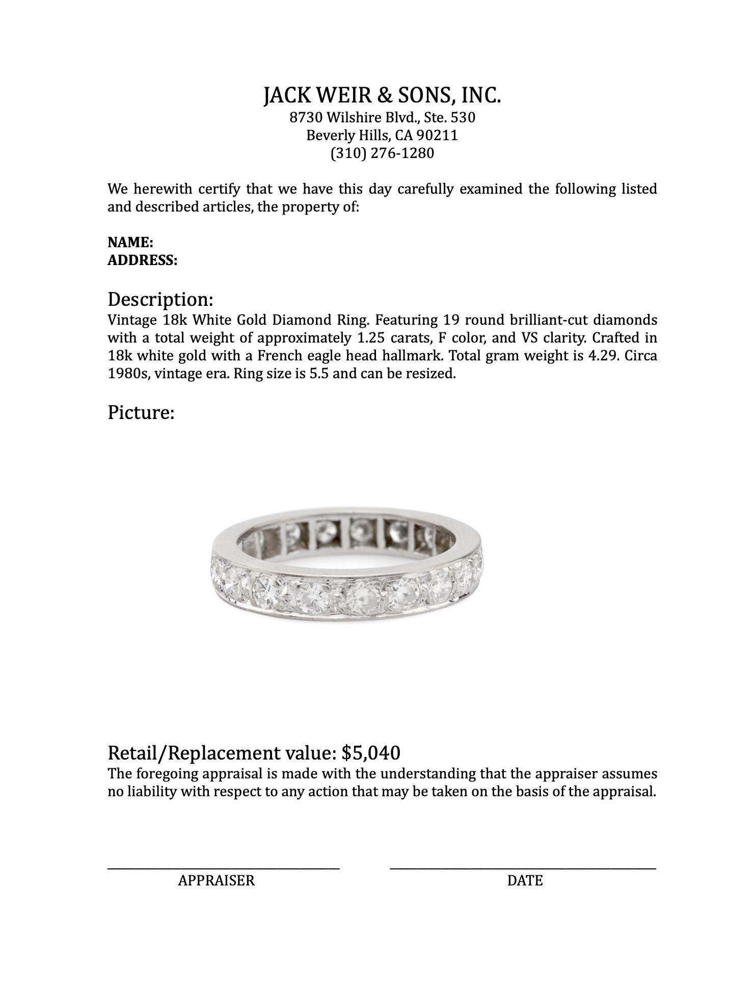 Women's or Men's Vintage French 18k white gold diamond eternity band For Sale