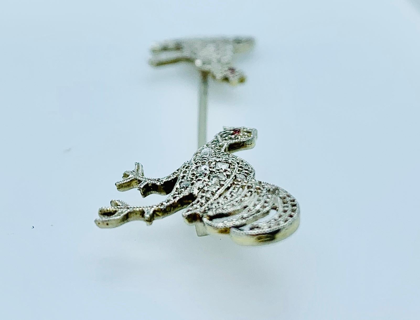 Art Deco Vintage French 18 Karat White Gold Diamond and Ruby Rooster Jabot Pin