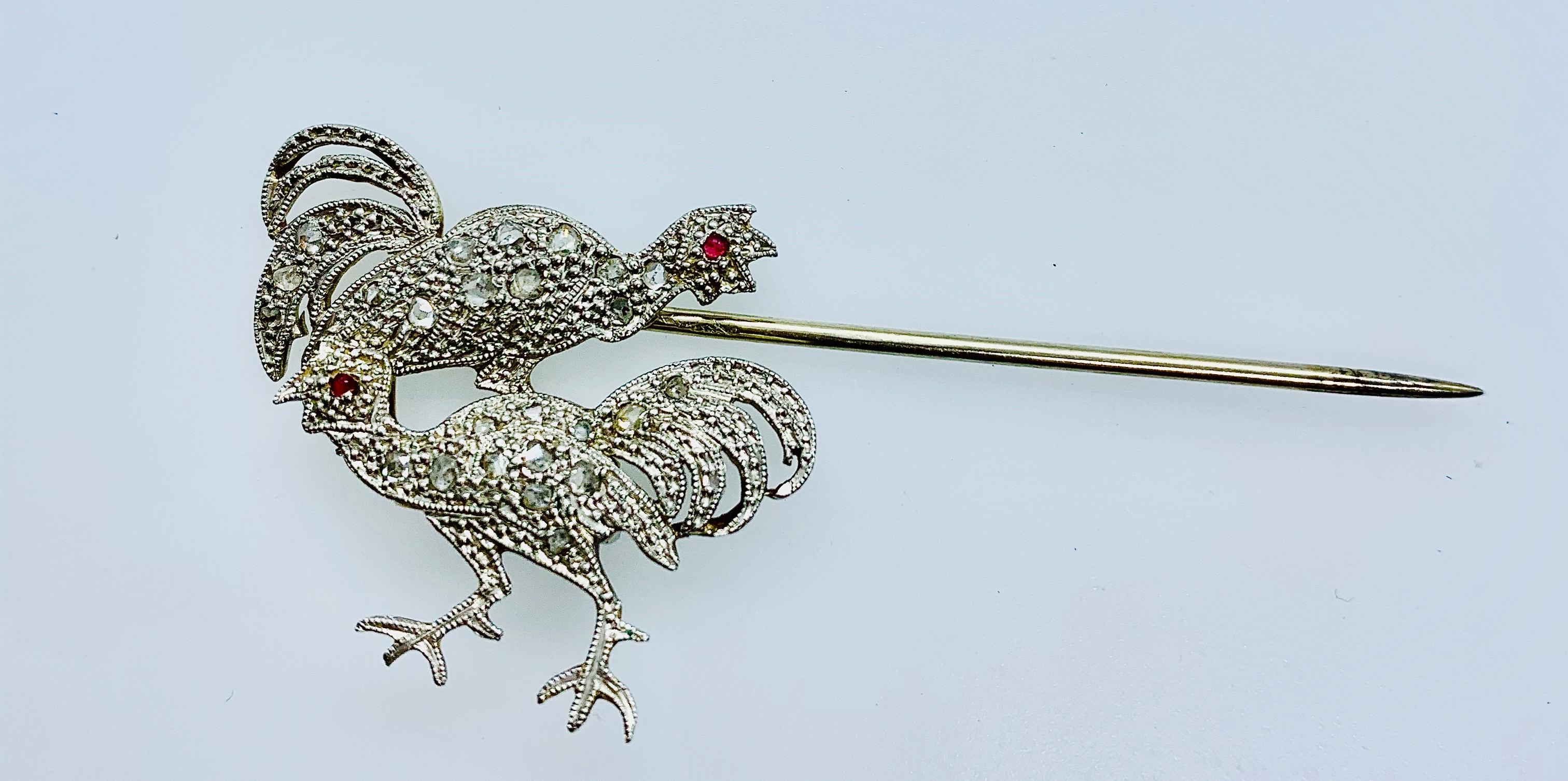 Women's or Men's Vintage French 18 Karat White Gold Diamond and Ruby Rooster Jabot Pin For Sale