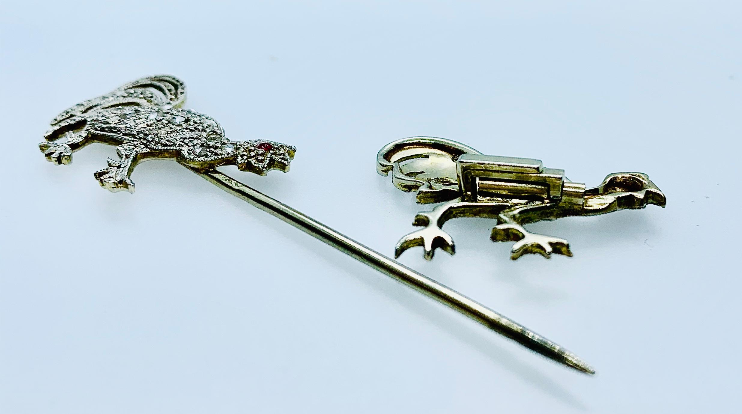 Vintage French 18 Karat White Gold Diamond and Ruby Rooster Jabot Pin For Sale 2