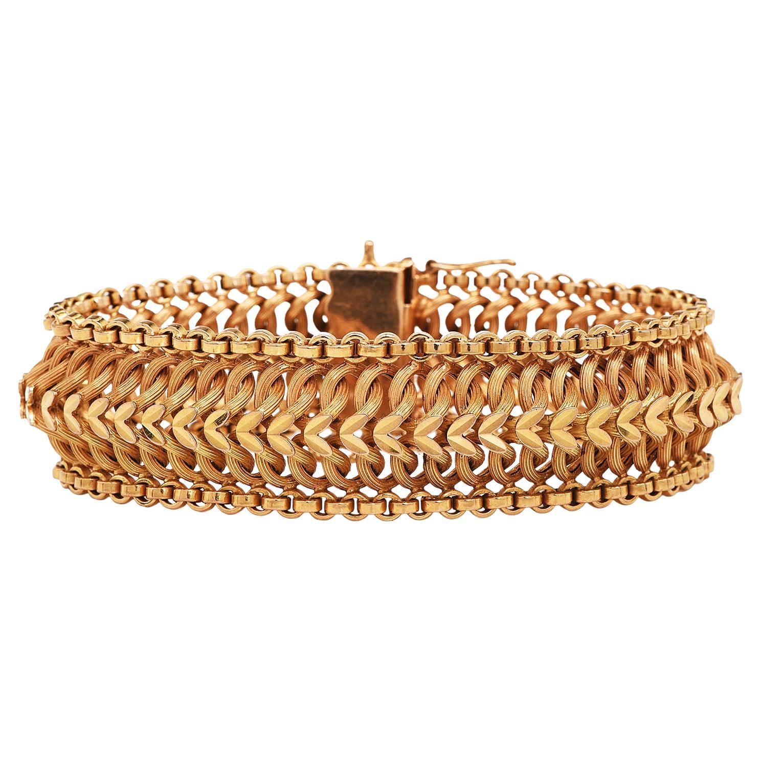 Vintage French 18K Yellow Gold Wide Woven Link Bracelet