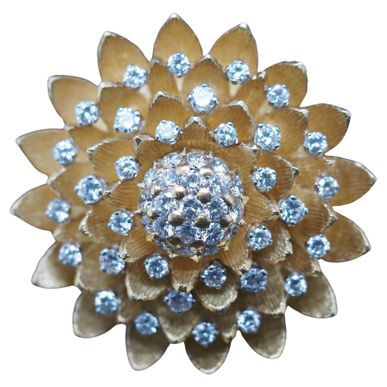 Vintage French 18K Yellow Gold and Diamond Flower Brooch
