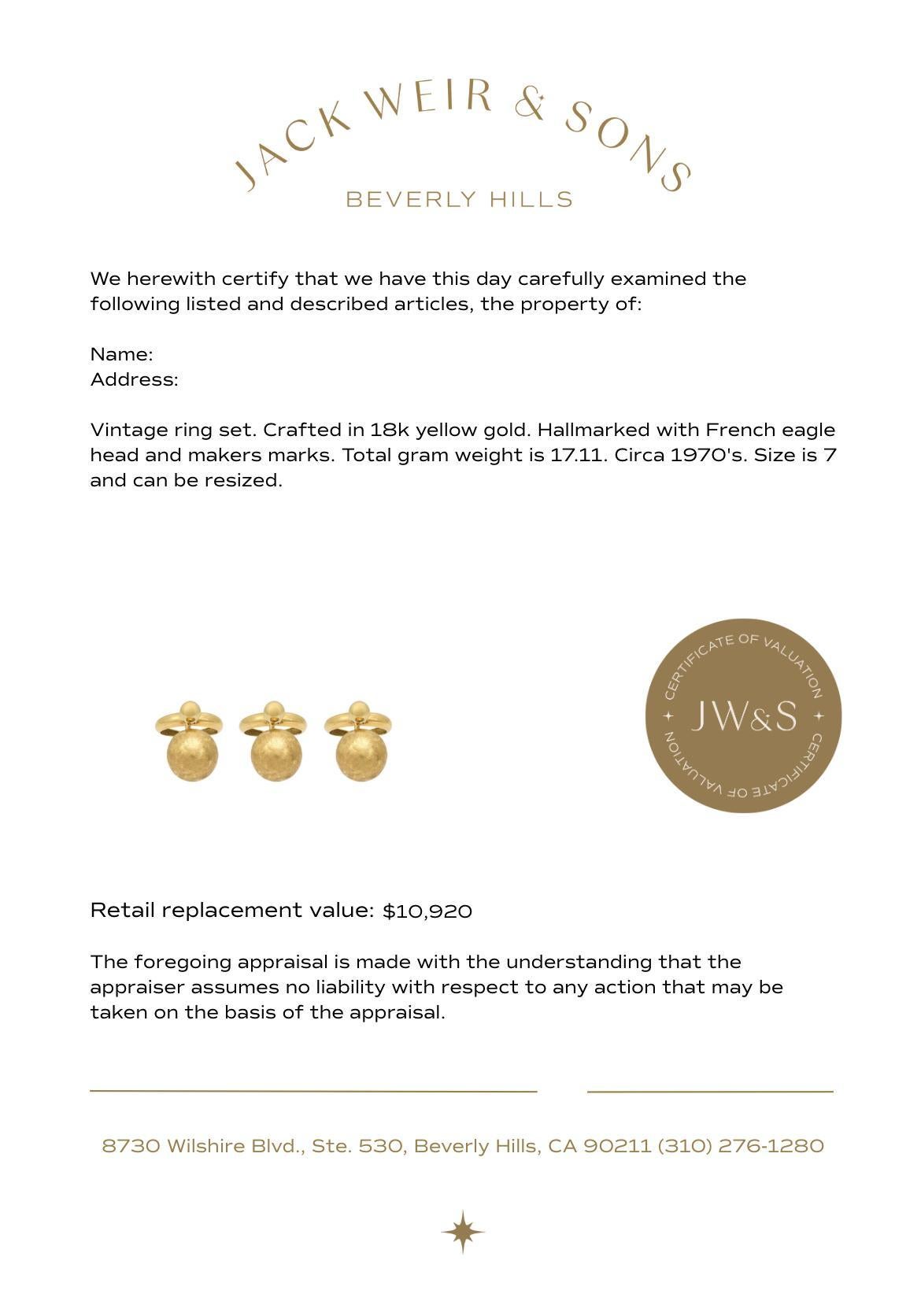 Vintage French 18k yellow gold ball triple ring set For Sale 1