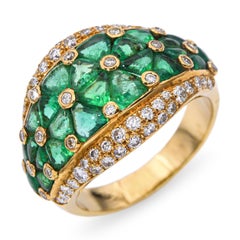 Vintage French 18k Yellow Gold Carved Emerald and Diamond Ring