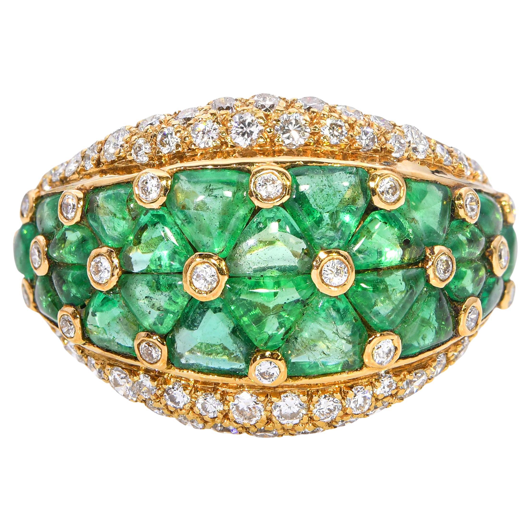 Vintage French 18k Yellow Gold Carved Emerald and Diamond Ring