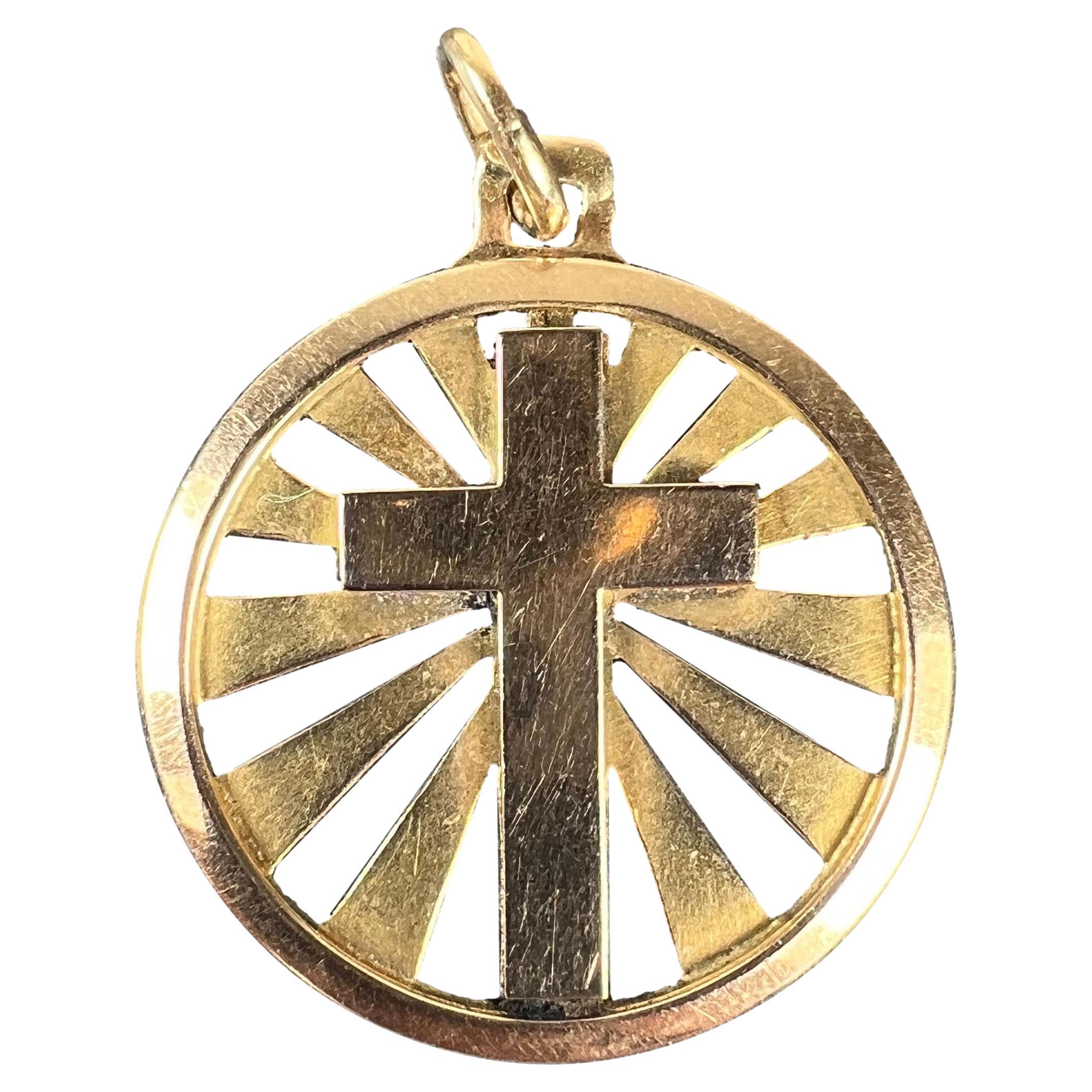 Vintage French 18K Yellow Gold Cross Radiating Sunburst Medal Pendant