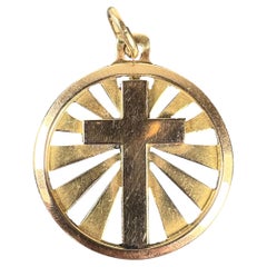 Vintage French 18K Yellow Gold Cross Radiating Sunburst Medal Pendant