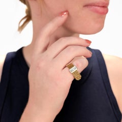 Vintage French 18K Yellow Gold & Diamond Adjustable Mesh Buckle Band Ring