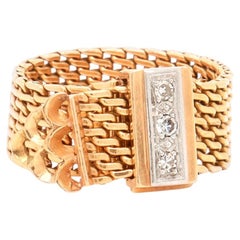 Vintage French 18K Yellow Gold & Diamond Adjustable Mesh Buckle Band Ring
