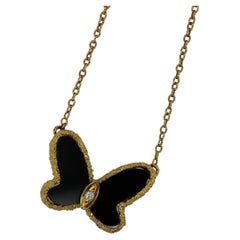 Vintage French 18k Yellow Gold, Diamond, and Onyx Butterfly Pendant Necklace