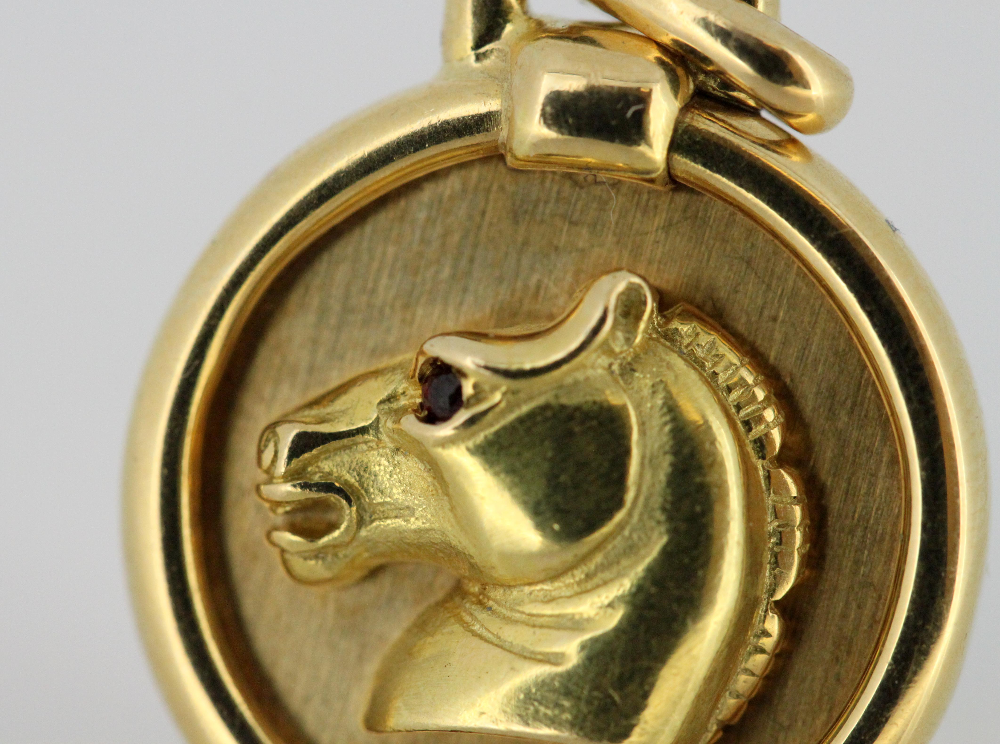 Women's or Men's Vintage French 18 Karat Yellow Gold Horse Pendant with Ruby