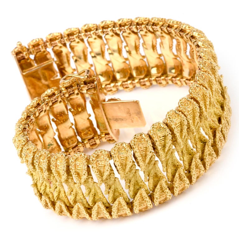 Vintage French 18 Karat Yellow Gold Leaf Style Wide Bracelet For Sale