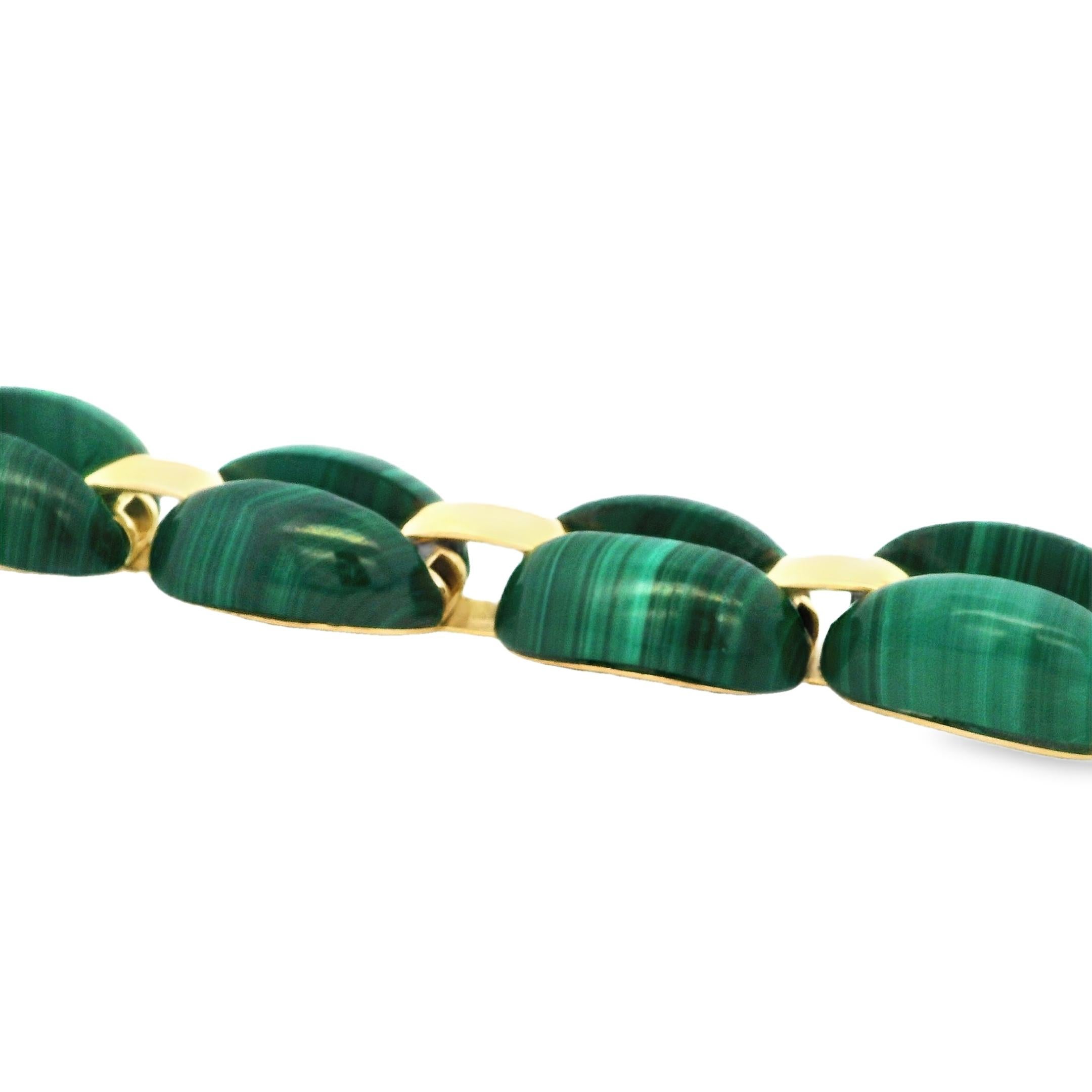 Cabochon Vintage French 18K Yellow Gold & Malachite Link Bracelet, 92.24 Grams For Sale