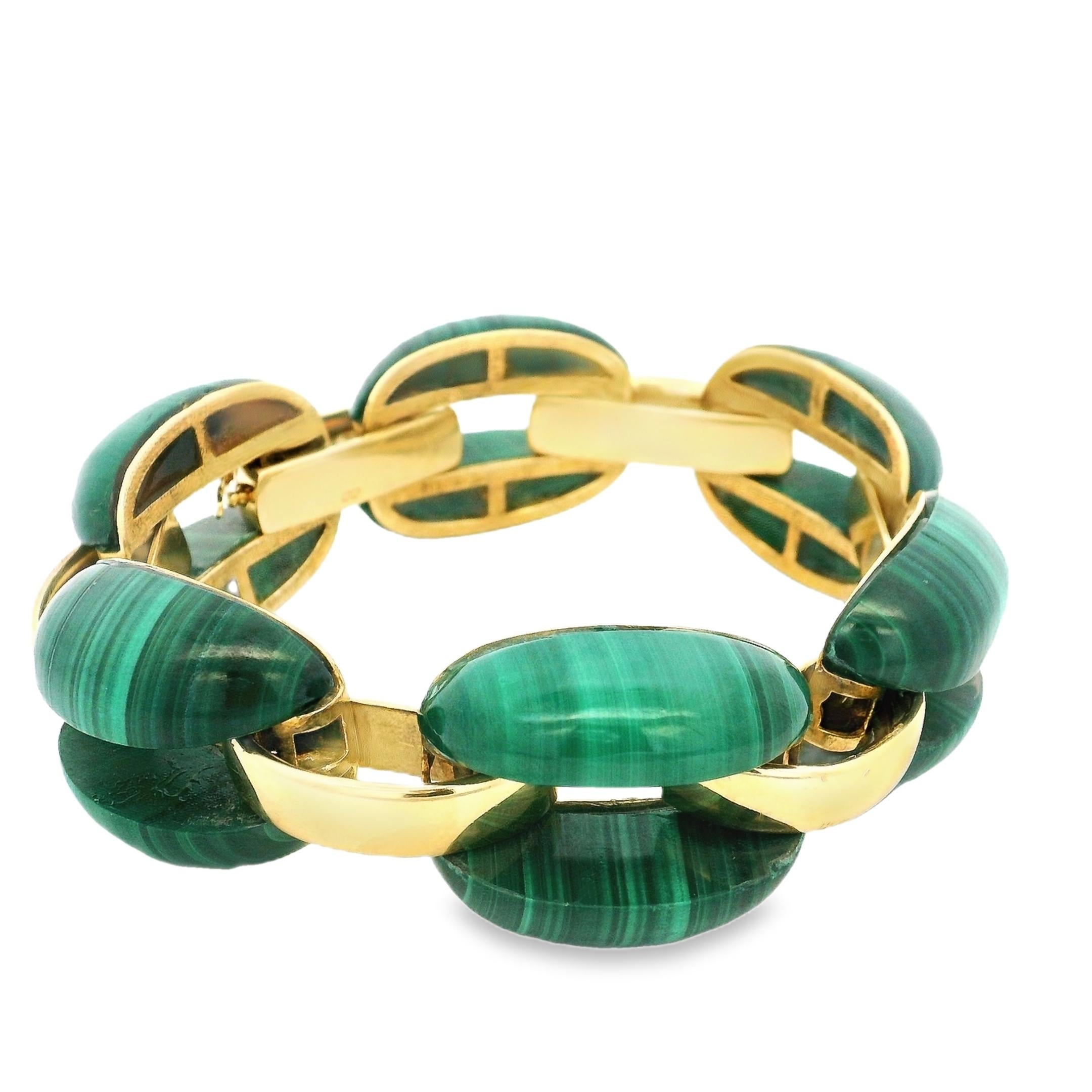 Vintage French 18K Yellow Gold & Malachite Link Bracelet, 92.24 Grams In Excellent Condition For Sale In Miami, FL
