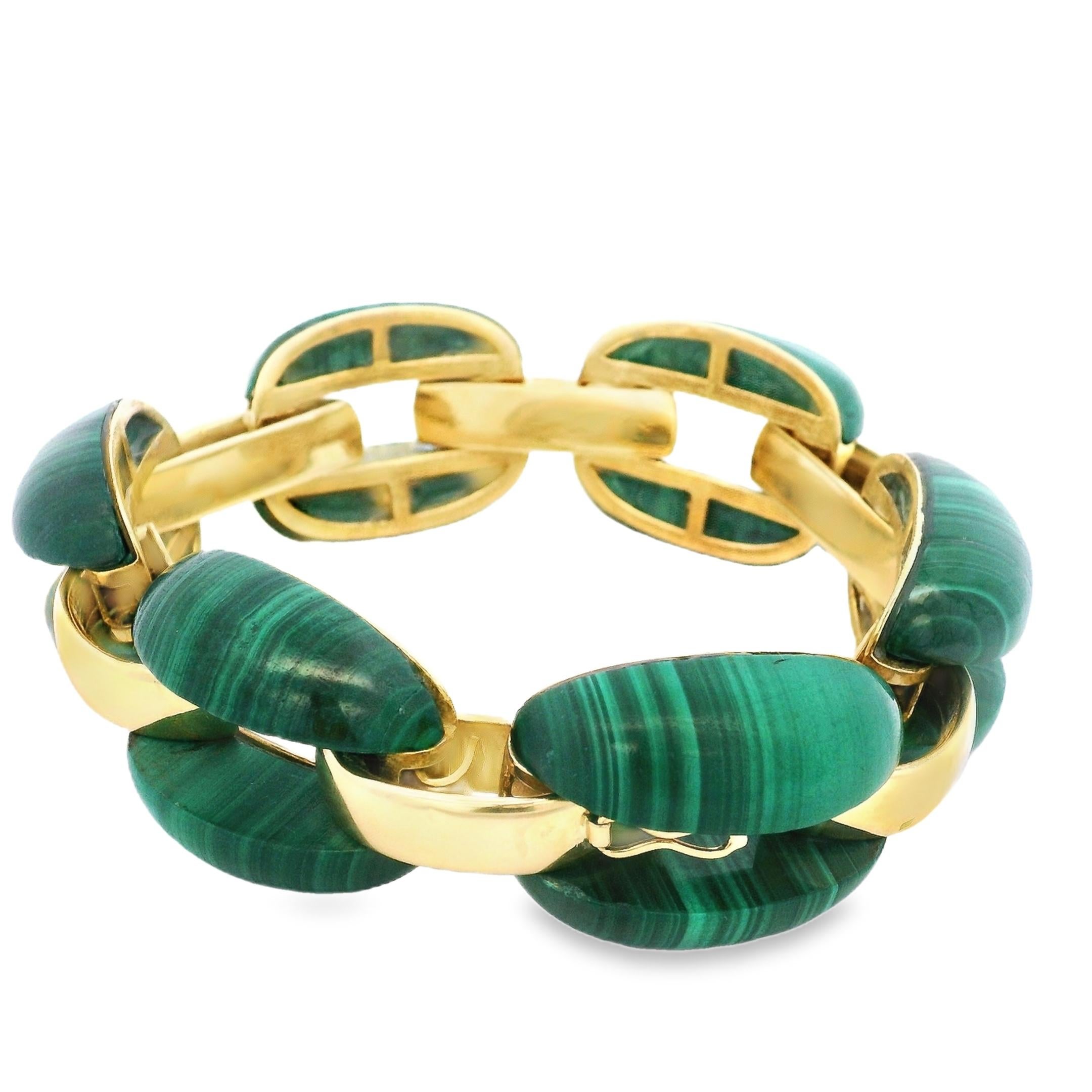 Women's or Men's Vintage French 18K Yellow Gold & Malachite Link Bracelet, 92.24 Grams For Sale