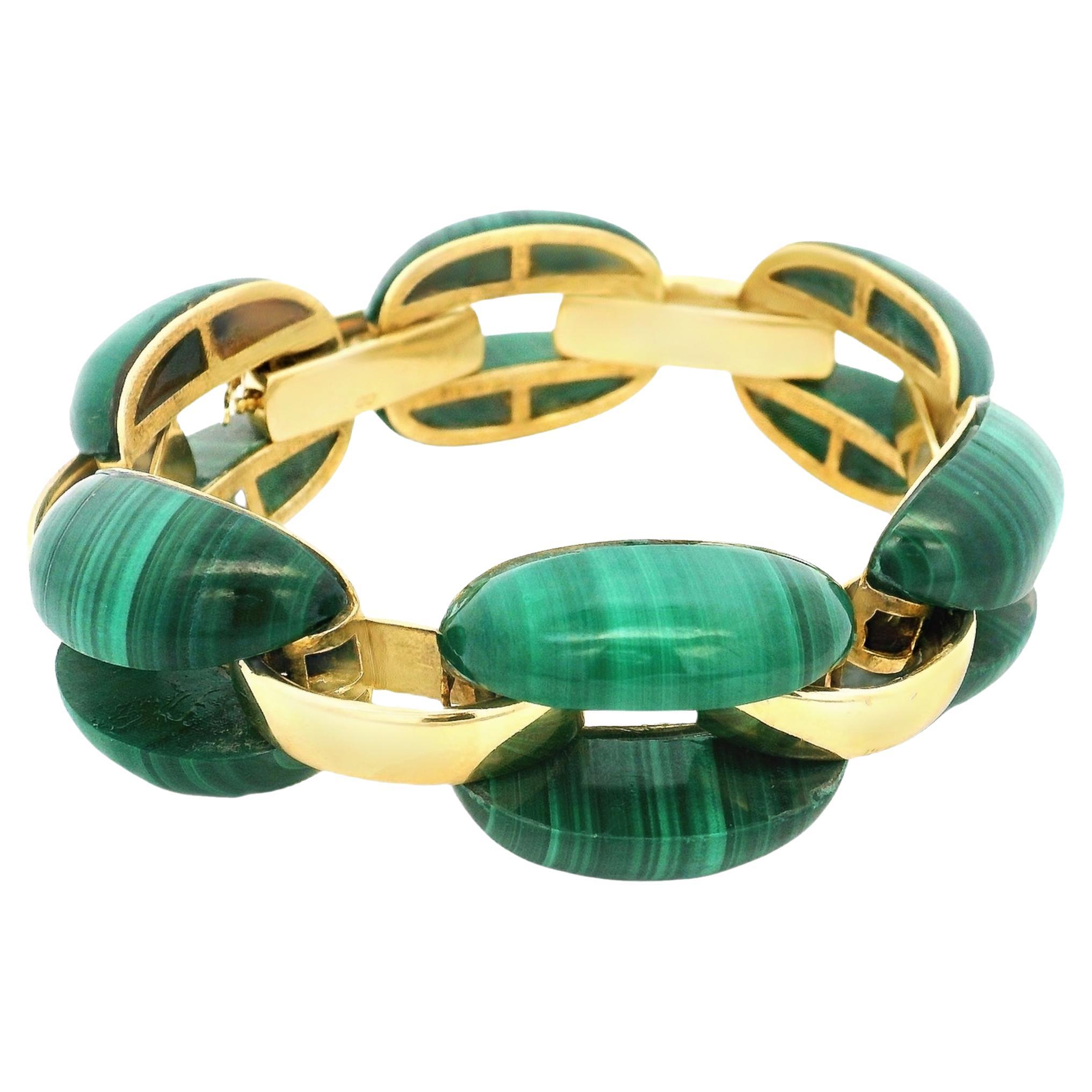 Vintage French 18K Yellow Gold & Malachite Link Bracelet, 92.24 Grams For Sale