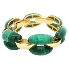 Vintage French 18K Yellow Gold & Malachite Link Bracelet, 92.24 Grams