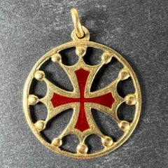 Vintage French 18K Yellow Gold Red Enamel Maltese Cross Medal Charm Pendant