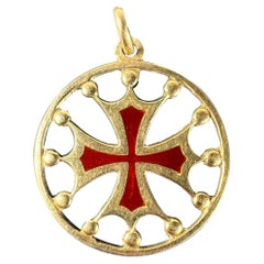 Vintage French 18K Yellow Gold Red Enamel Maltese Cross Medal Charm Pendant