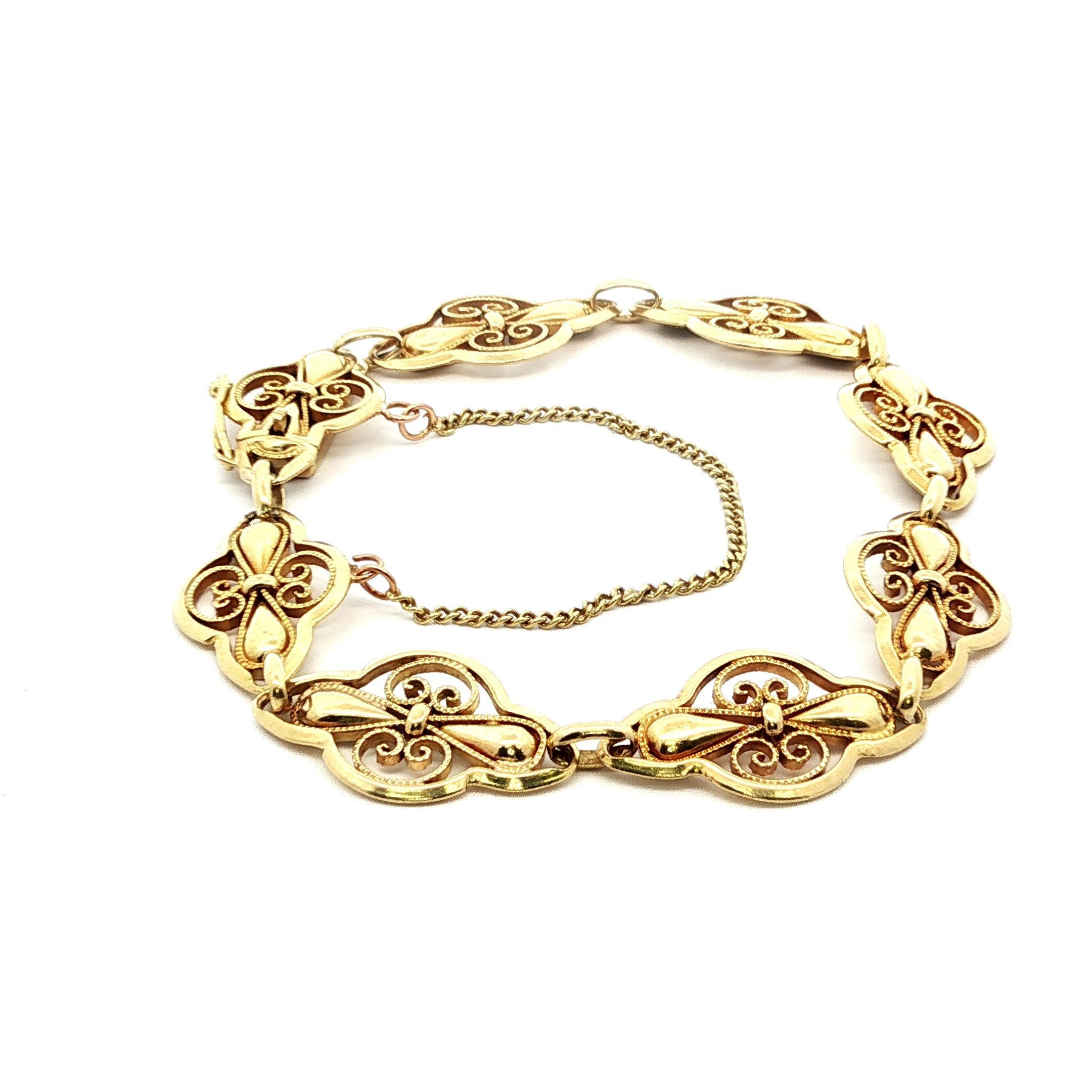 Pulsera francesa vintage de oro amarillo de 18 quilates con eslabones florales hechos a mano