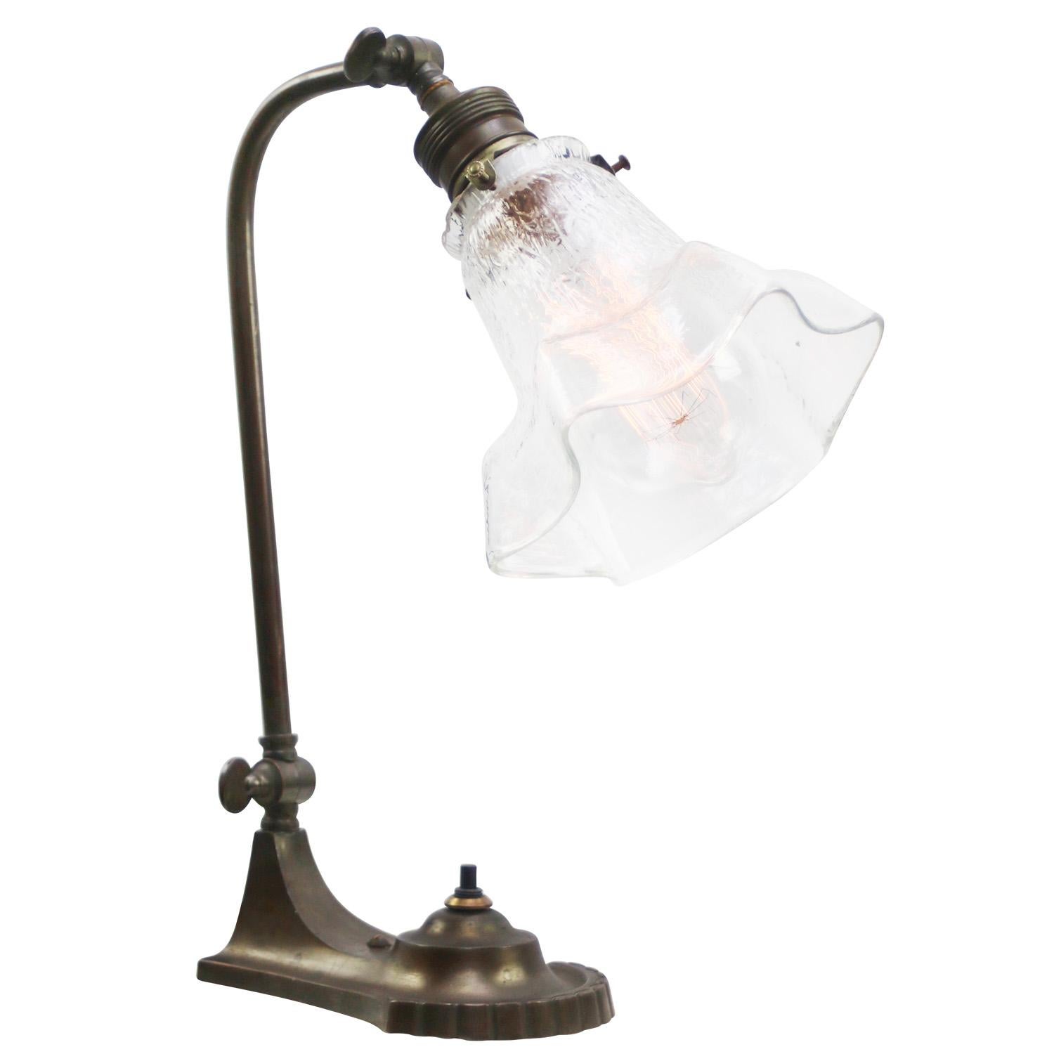 French 1930s, Art deco, frosted glass, cast desk light / table lamp
2,5 meter black cotton wire, plug and switch

Also, available with US/UK plug

Priced per individual item. All lamps have been made suitable by international standards for