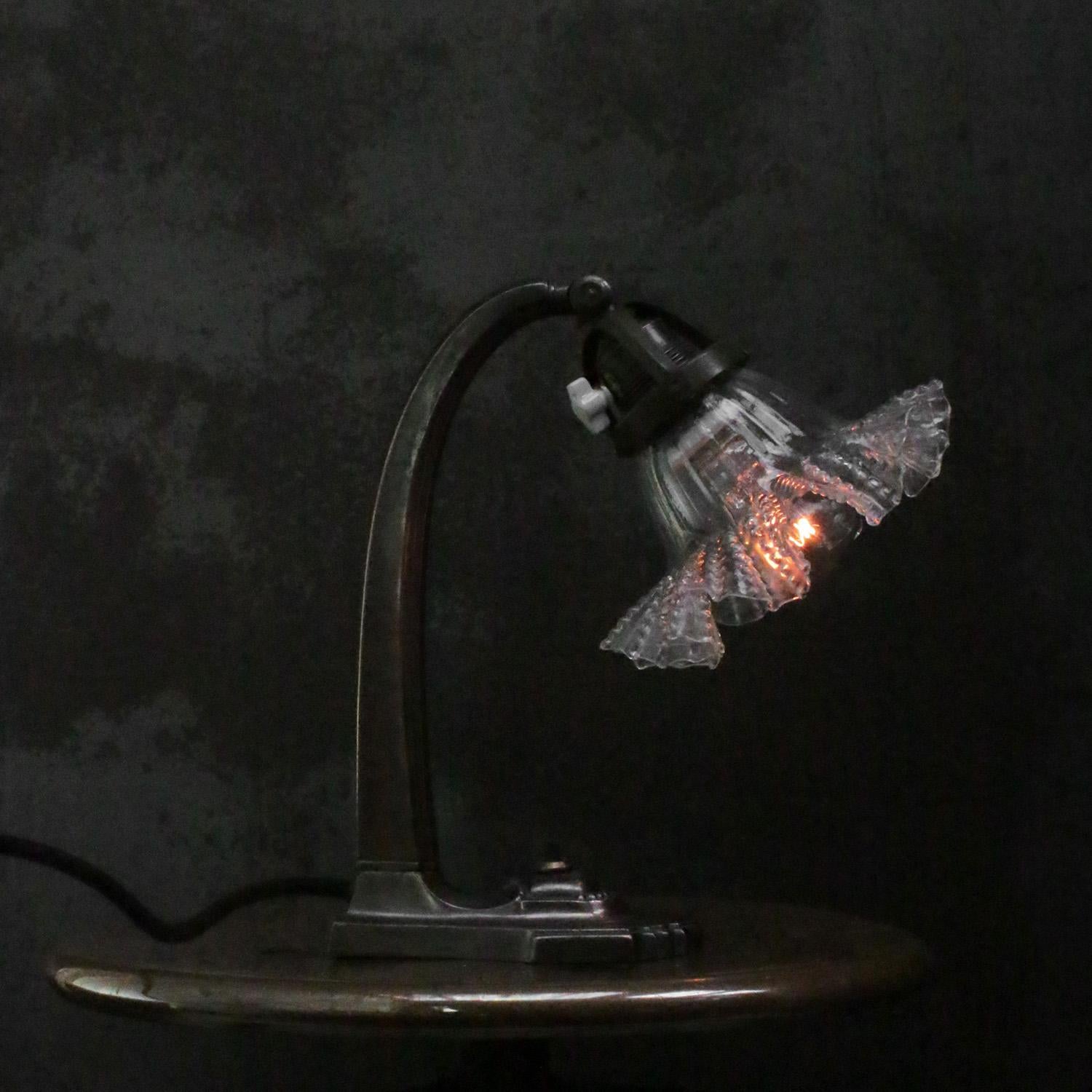 Cast Vintage French 1920s Art Deco Iron Brass Clear Glass Table Desk Light