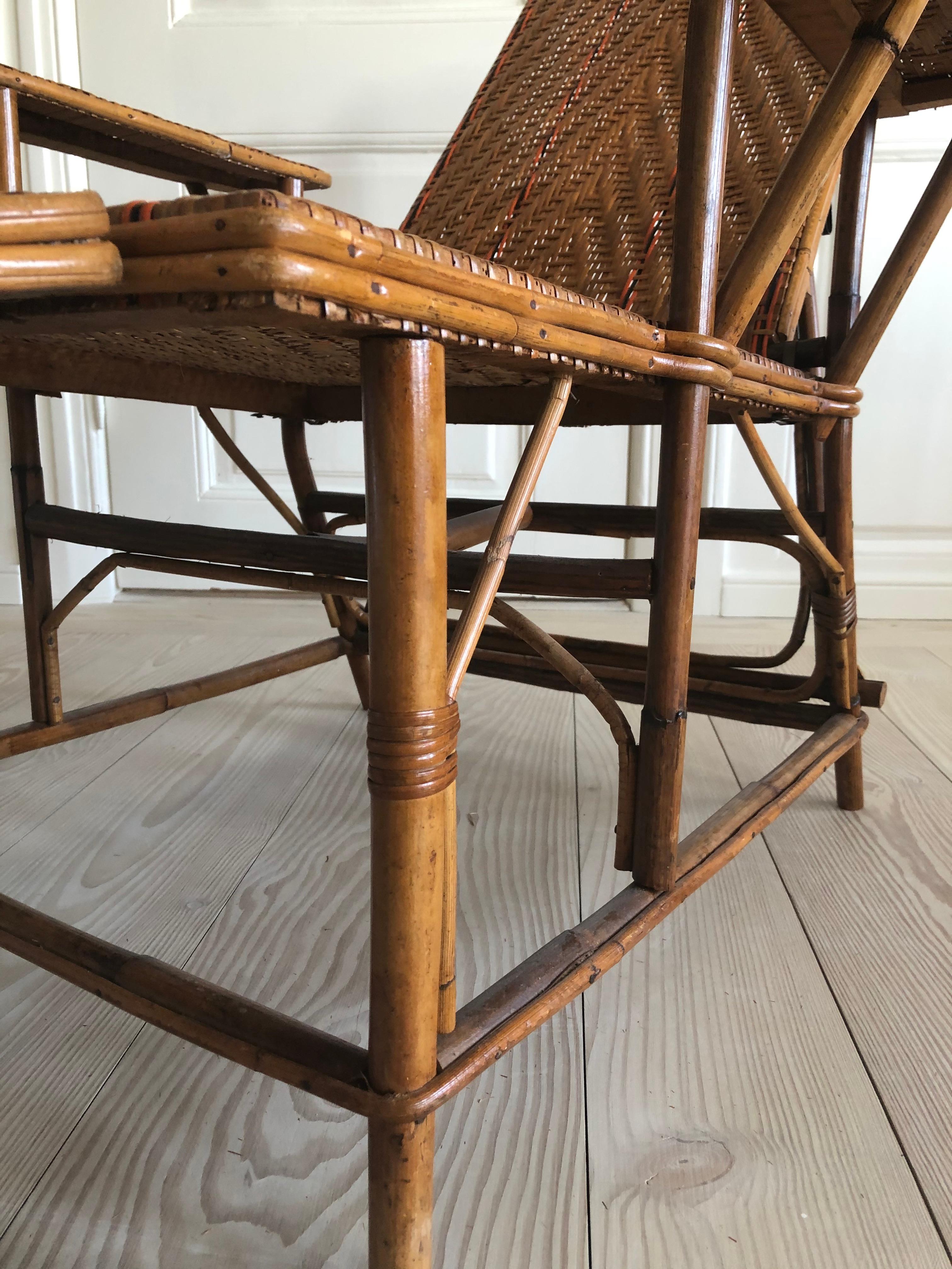 Vintage French 1930s Adjustable Rattan Armchair and Footrest in Woven Details 1