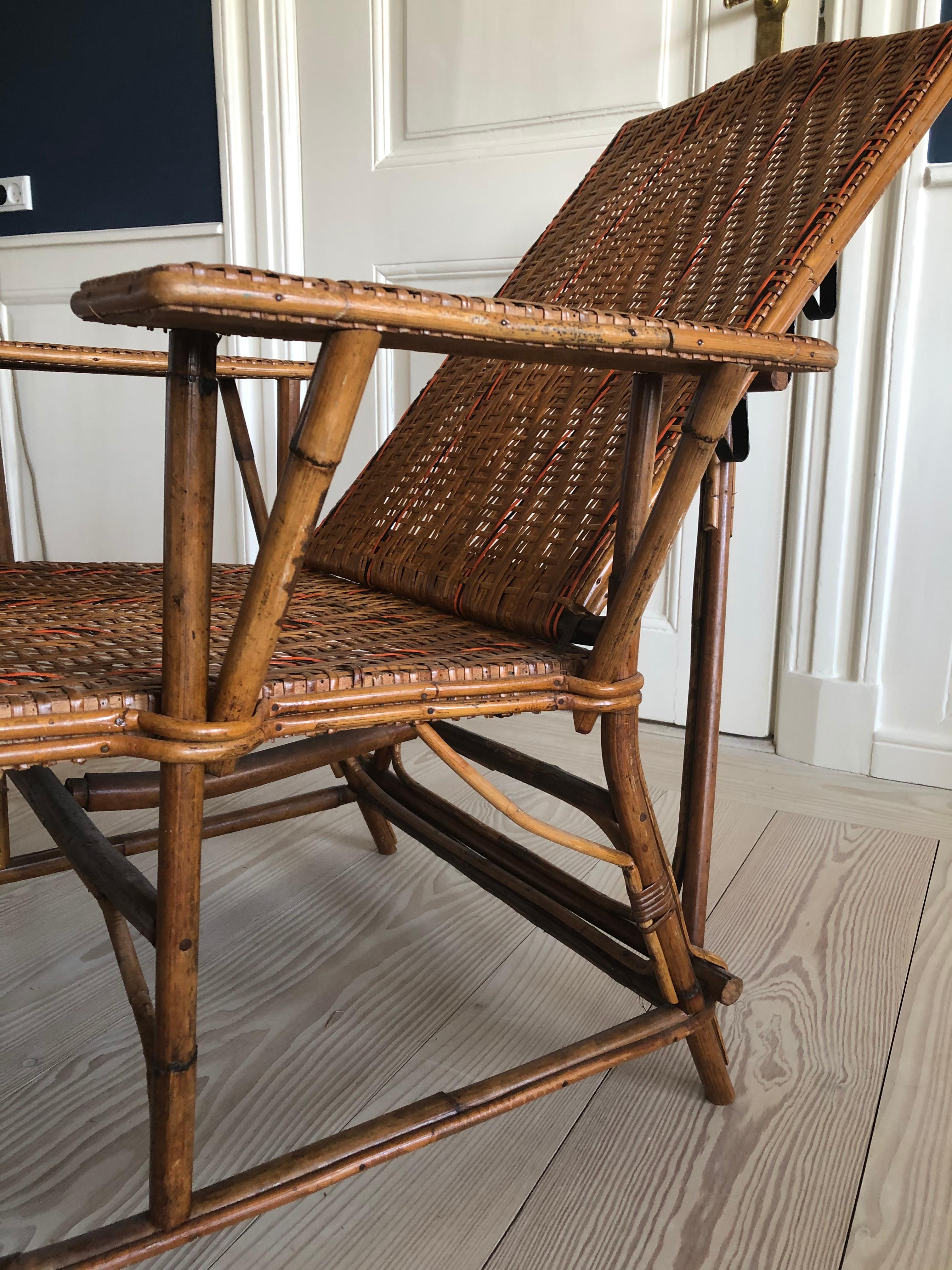 Vintage French 1930s Adjustable Rattan Armchair and Footrest in Woven Details 2