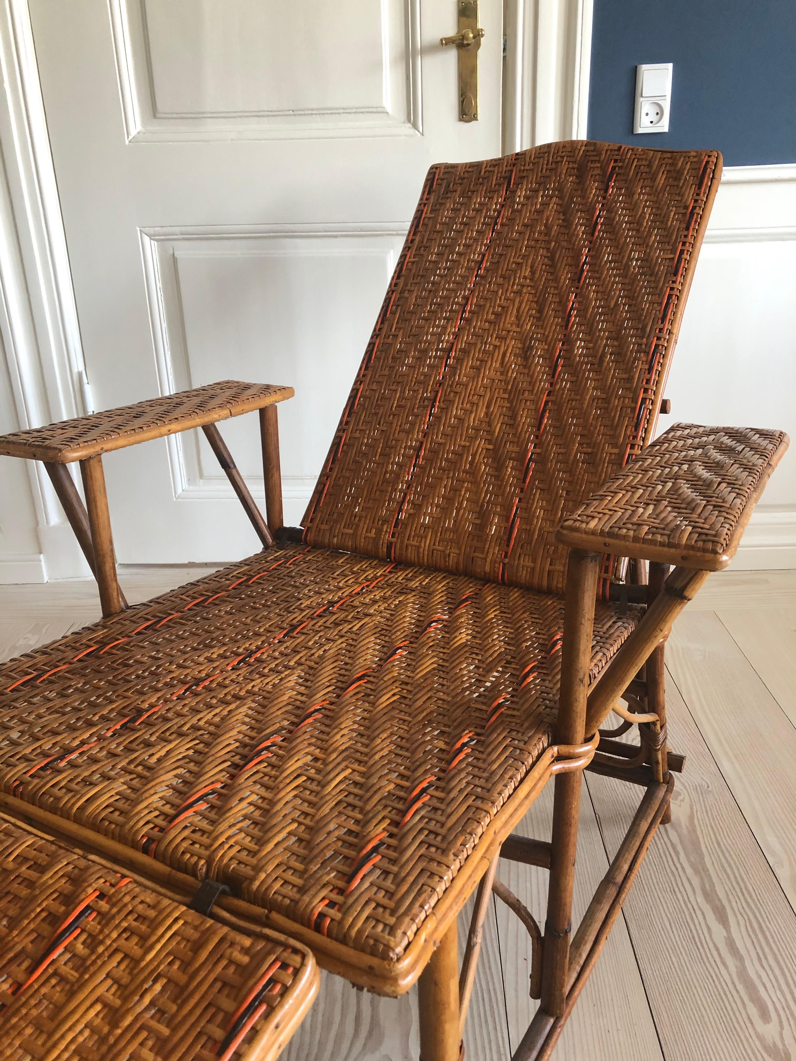 Vintage French 1930s Adjustable Rattan Armchair and Footrest in Woven Details 3