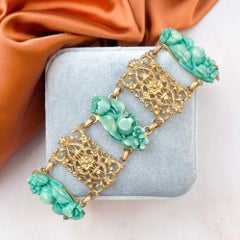 Vintage French 1930s Floral Celluloid and Gilded Metal Bracelet