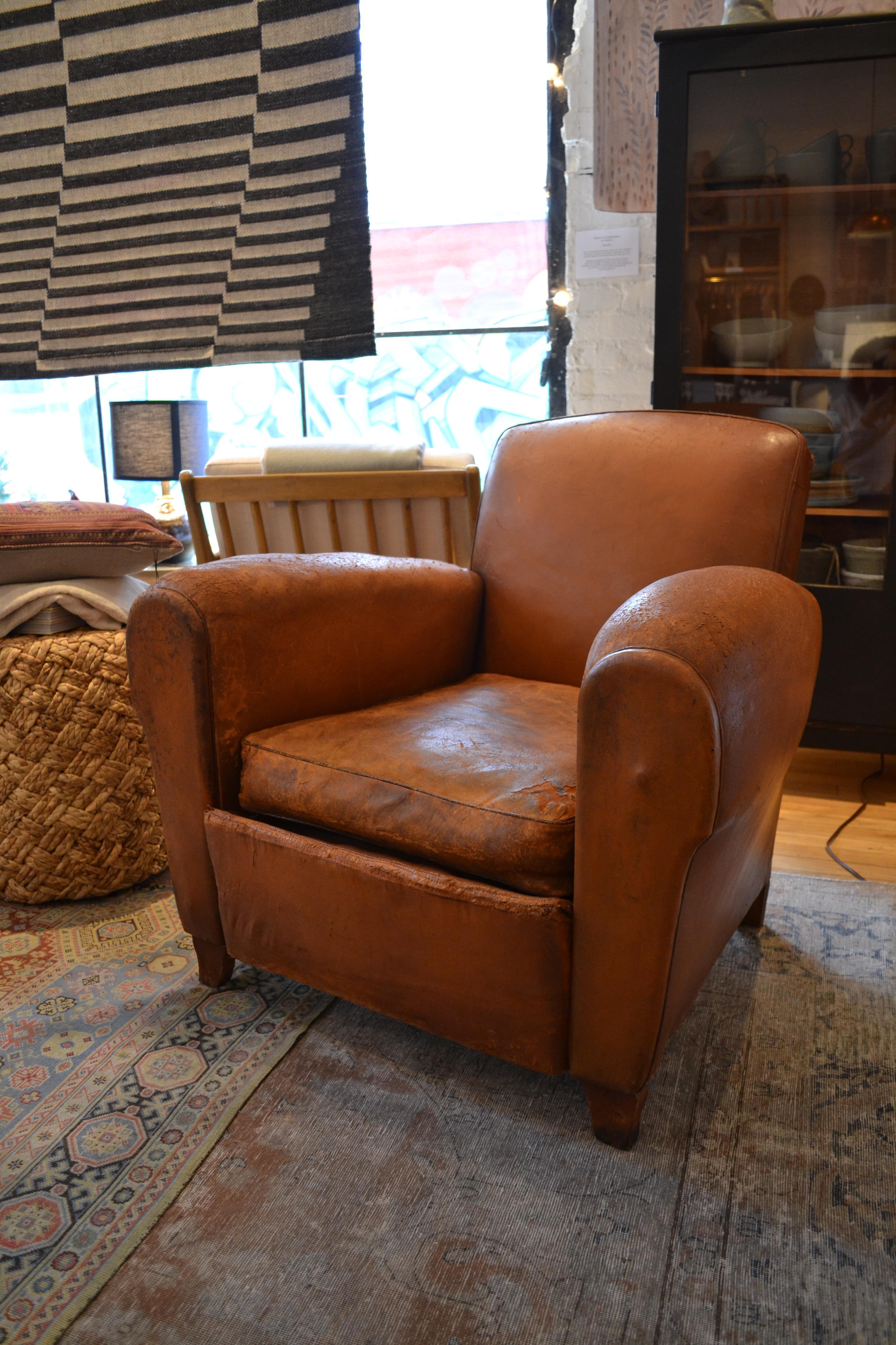 Vintage French 1930s Leather Club Chairs In Fair Condition In Los Angeles, CA