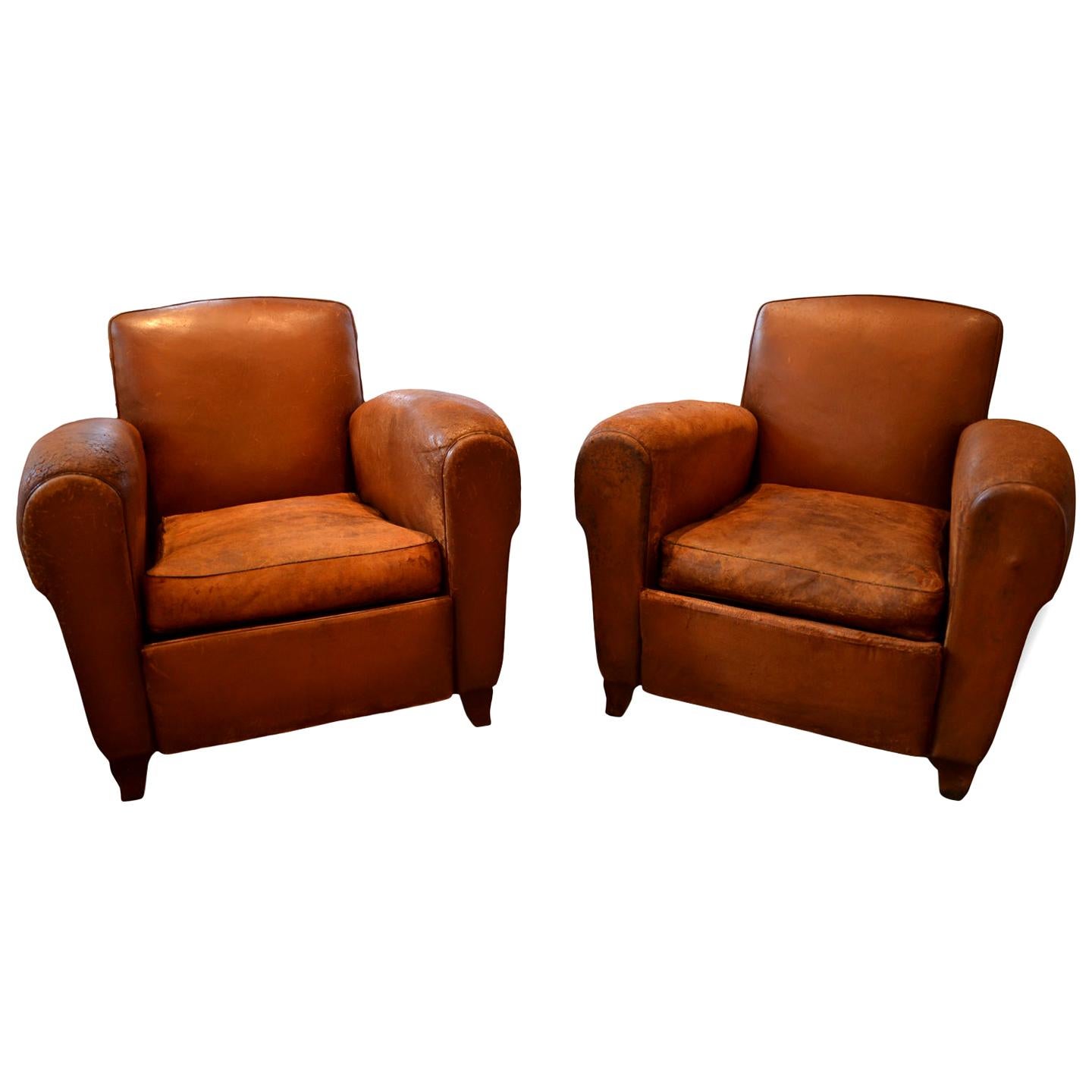Vintage French 1930s Leather Club Chairs