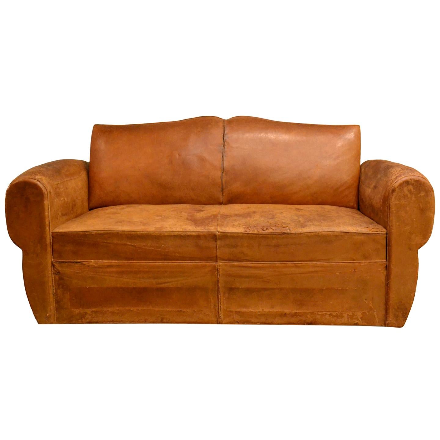 Vintage French 1930s Leather Sofa